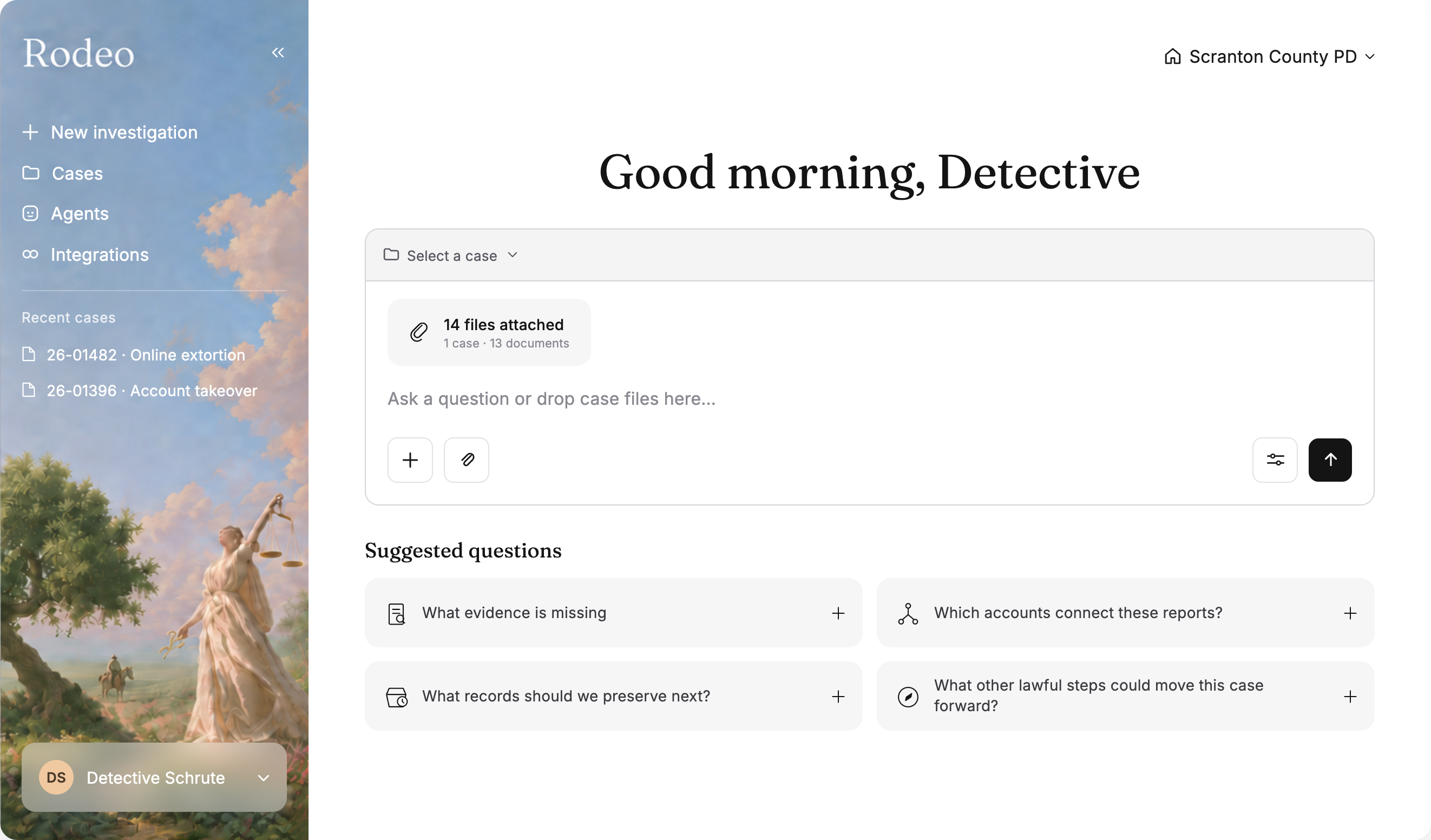 Rodeo investigative workspace with a pastoral sidebar, case files, and suggested questions to help detectives move their investigations forward